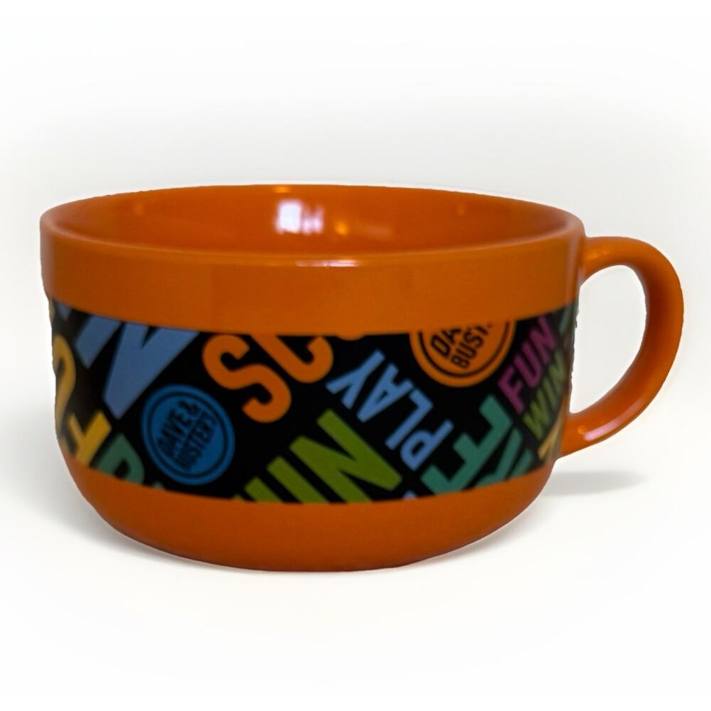 Dave and Busters Arcade Soup Bowl Orange Logo Handle Ceramic Novelty Dish